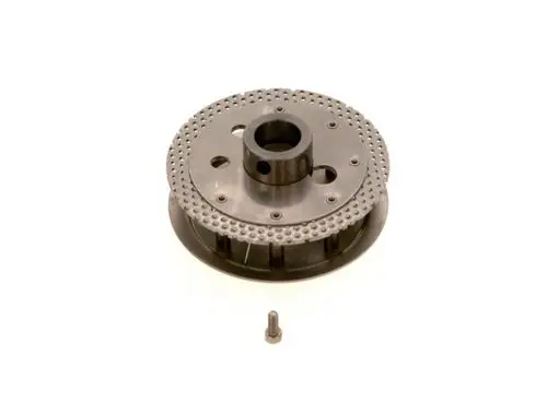 Bosch Mischsystem mit runder, perforierter Oberfläche und zentralem Loch, ausgestattet mit mehreren Montagebohrungen. neben einem kleinen Befestigungselement.